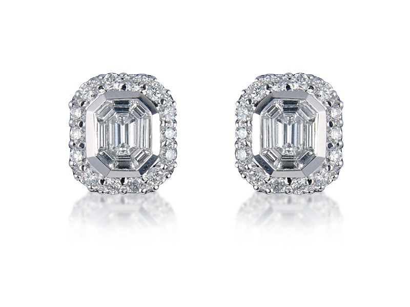 18ct White Gold & Diamonds Stud Earrings with Asscher Cut Centre Stone 1.70ct Diamond. 
