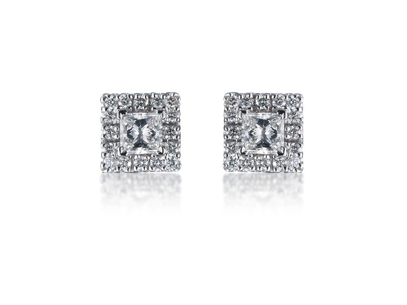 18ct White Gold & Diamonds Stud Earrings with Princess Cut Centre Stone 1.20ct Diamond. 