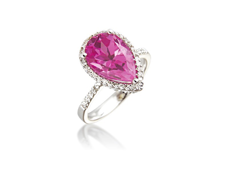 9ct White Gold ring set with Diamonds & 4.00ct Pear Shape Synthetic Pink Sapphire Centre Stone