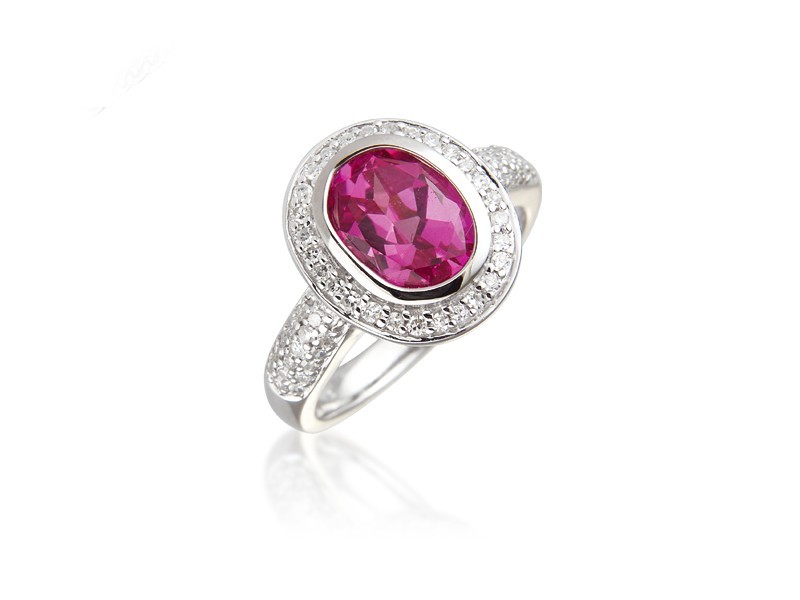 9ct White Gold ring set with Diamonds & 3.30ct Oval Shape Synthetic Pink Sapphire Centre Stone