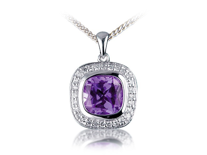 9ct White Gold Pendant with Diamonds & 3.50ct Amethyst Centre Stone