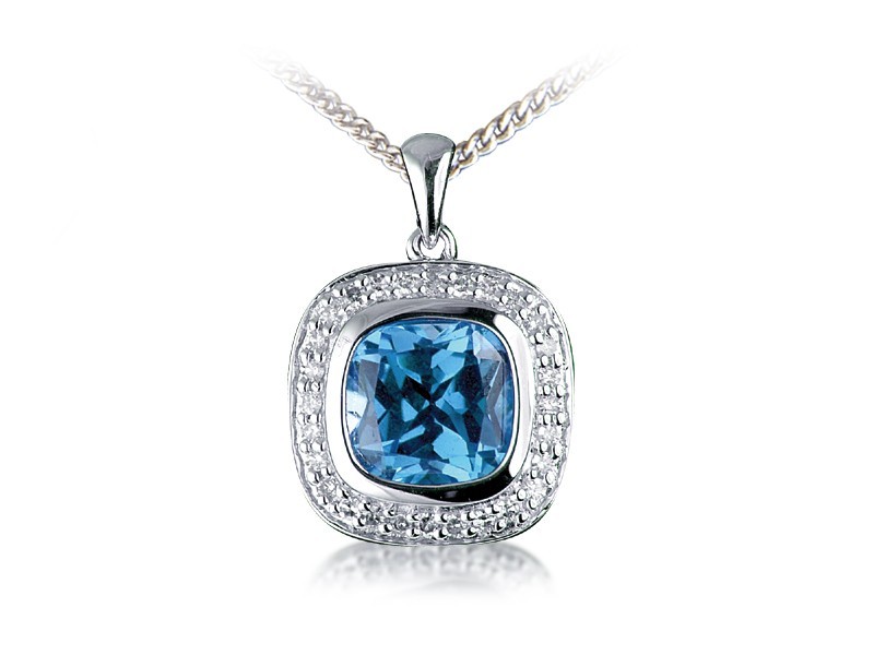 9ct White Gold Pendant with Diamonds & 3.50ct Blue Topaz Centre Stone