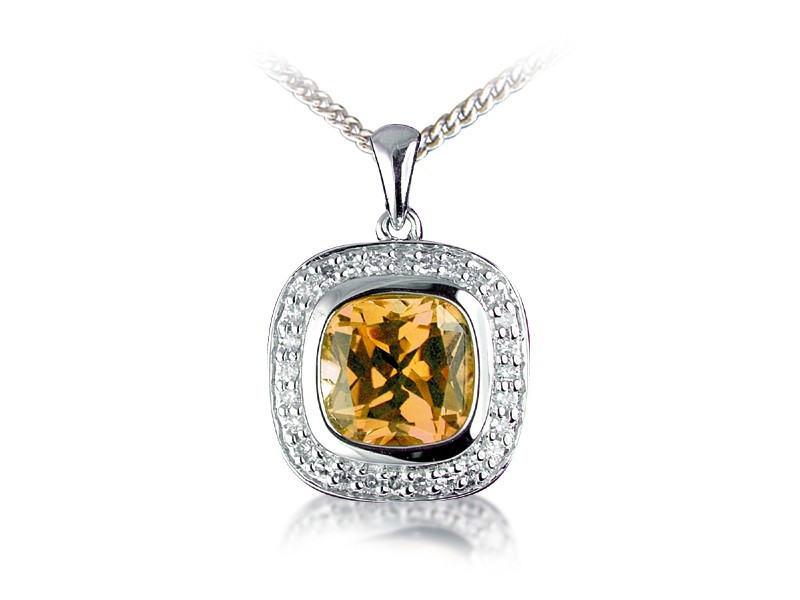 9ct White Gold Pendant with Diamonds & 3.50ct Citrine Centre Stone