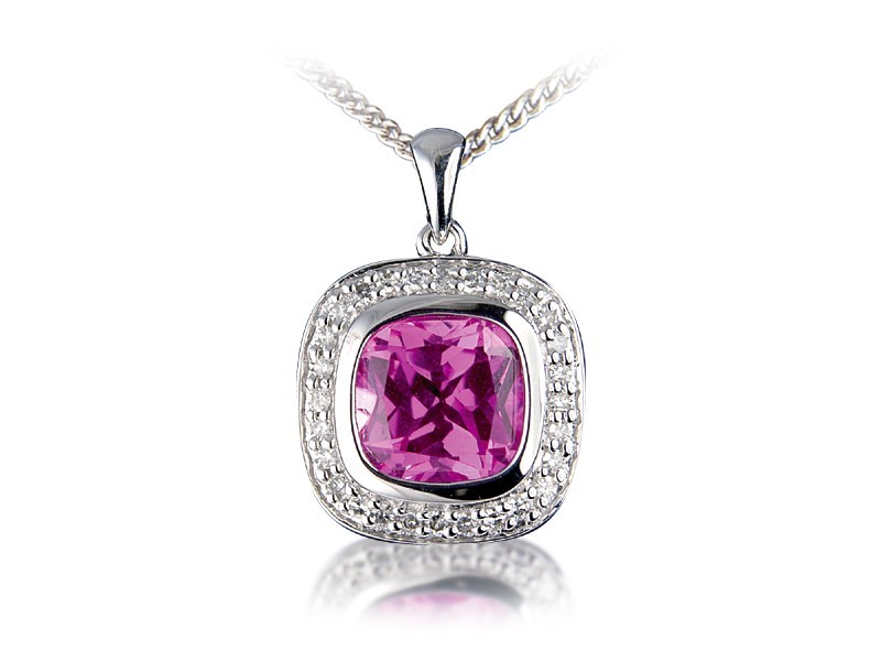 9ct White Gold Pendant with Diamonds & 3.50ct Synthetic Pink Sapphire Centre Stone