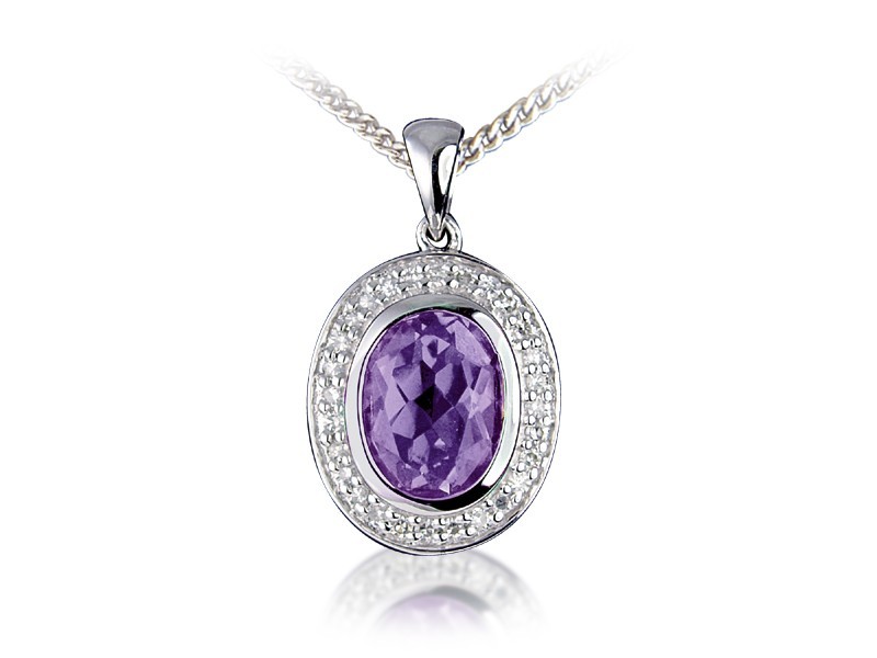 9ct White Gold Pendant with Diamonds & 2.60ct Oval Shape Amethyst Centre Stone