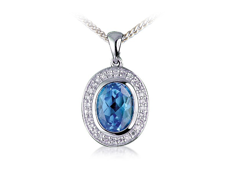 9ct White Gold Pendant with Diamonds & 2.60ct Oval Shape Blue Topaz Centre Stone