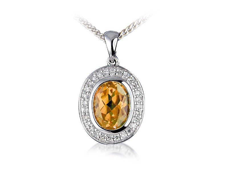 9ct White Gold Pendant with Diamonds & 2.60ct Oval Shape Citrine Centre Stone