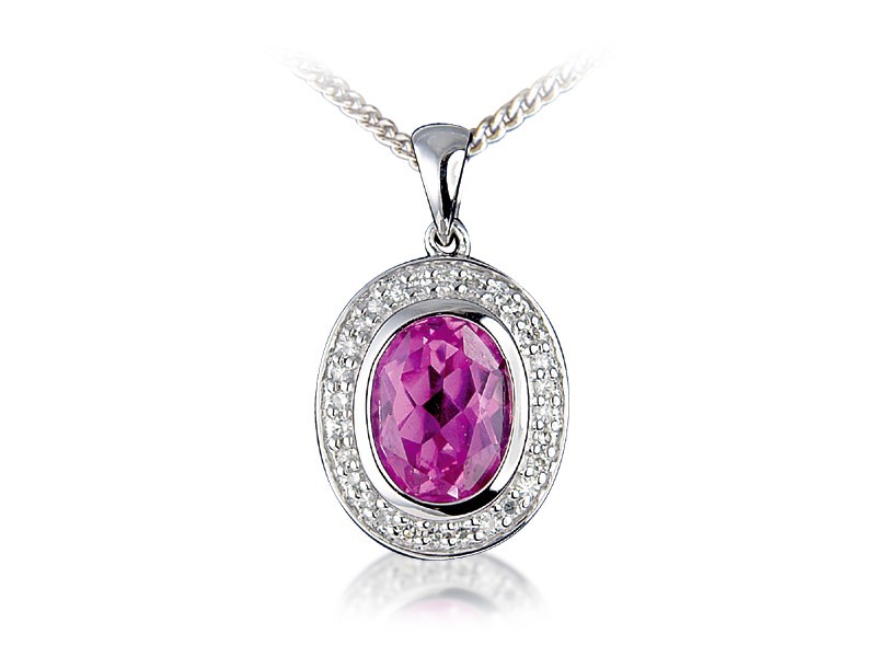 9ct White Gold Pendant with Diamonds & 2.60ct Oval Shape Synthetic Pink Sapphire Centre Stone