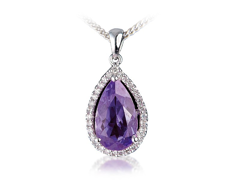 9ct White Gold Pendant with Diamonds & 4.00ct Pear Shape Amethyst Centre Stone