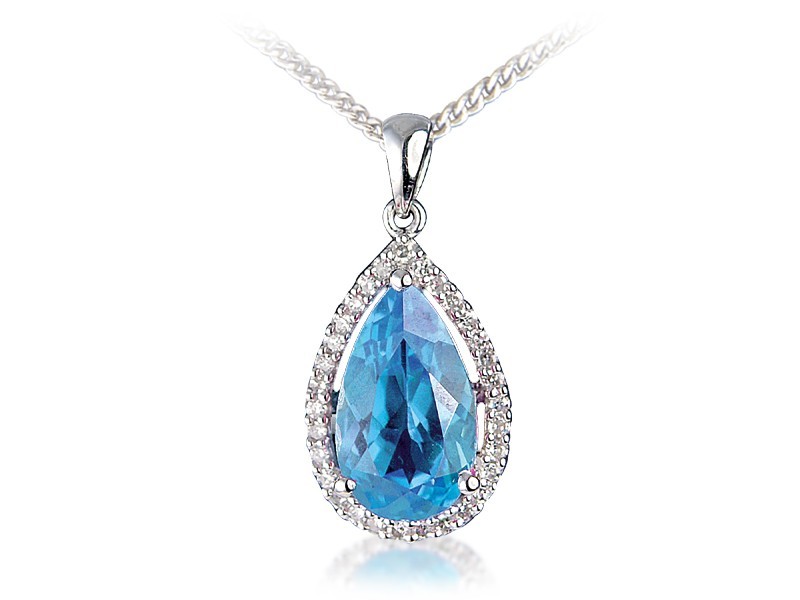 9ct White Gold Pendant with Diamonds & 4.00ct Pear Shape Blue Topaz Centre Stone