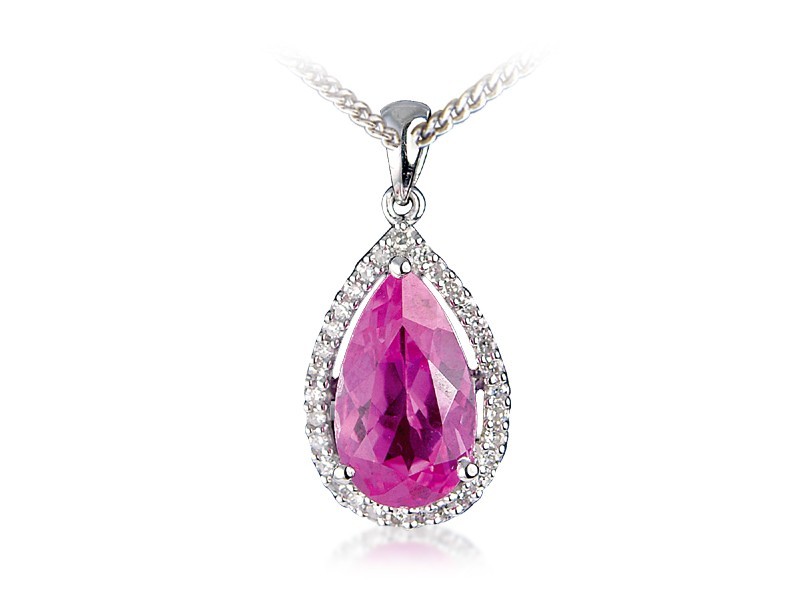 9ct White Gold Pendant with Diamonds & 4.00ct Pear Shape Synthetic Pink Sapphire Centre Stone 