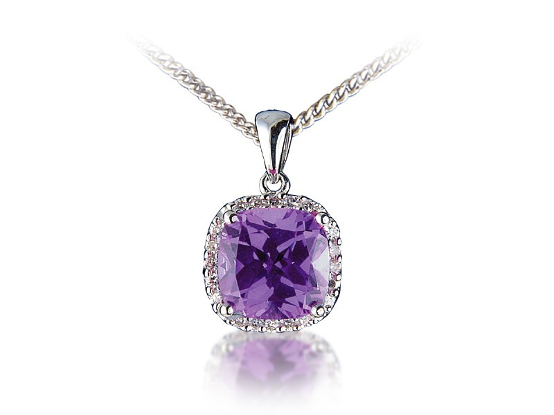 9ct White Gold Pendant with Diamonds & 3.50ct Amethyst Centre Stone  