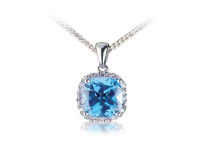 9ct White Gold Pendant with Diamonds & 3.50ct Blue Topaz Centre Stone   