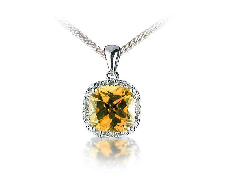 9ct White Gold Pendant with Diamonds & 3.50ct Citrine Centre Stone  