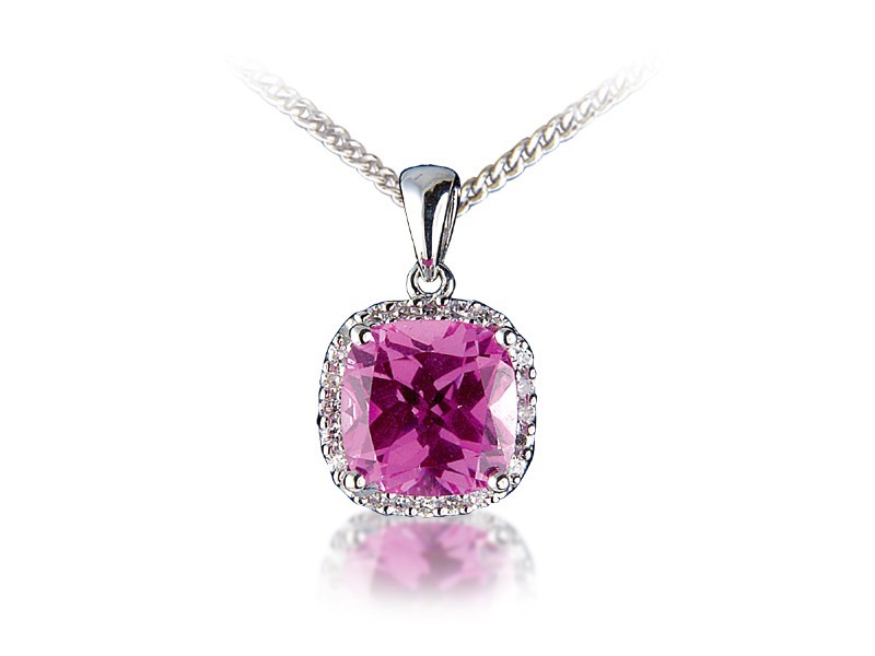9ct White Gold Pendant with Diamonds & 3.50ct Synthetic Pink Sapphire Centre Stone  
